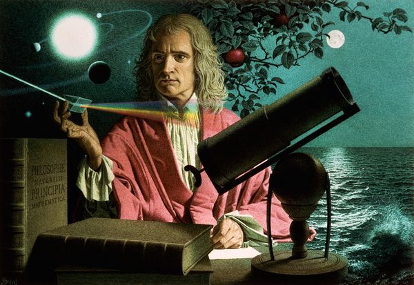 Sir Isaac Newton with some of his most famous discoveries and inventions